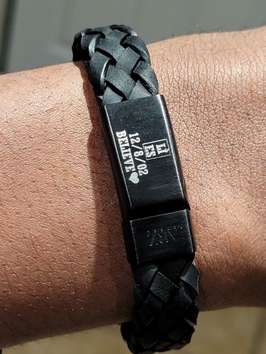 Customer photo review of Black on Black Braided Italian Leather Engravable Bracelet