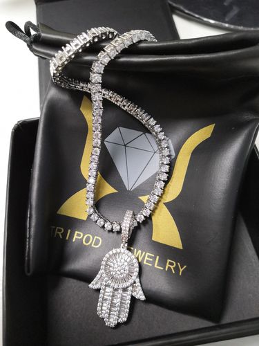 Customer photo review of 🔥(NEW)White Gold Baguette Iced Out Hamsa Hand Pendant with 4mm Tennis Chain