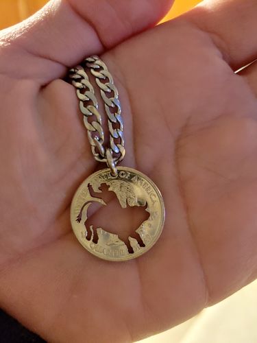 Customer photo review of Western Jewelry, Bull Rider Necklace, Hand Cut Coin