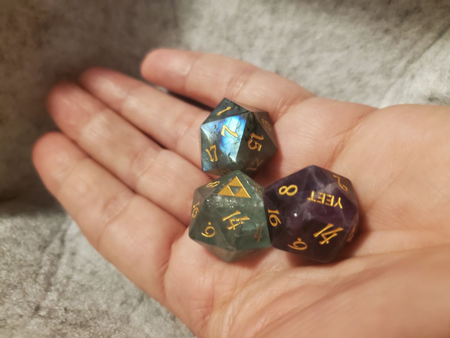 Customer photo review of URWizards Custom font style for dice, Custom initial on Dice, Dnd Natural Gemstone Dice MTG Game
