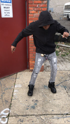 Customer photo review of Side Stripe Distressed Skinny Fit Track Denim Bleach Splatter (M4708D)