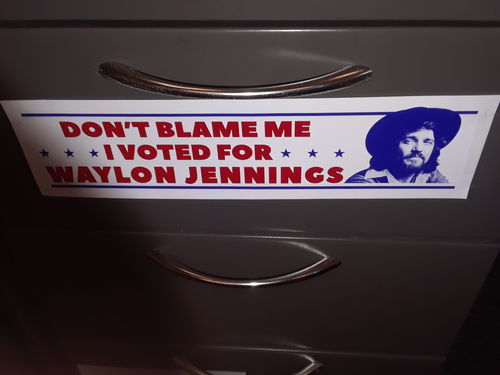 Customer photo review of I Voted for Waylon Jennings Bumper Sticker