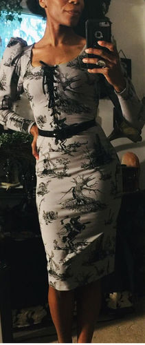 Customer photo review of Sleepy Hollow Gothic Tales Toile Wiggle Dress in Grey