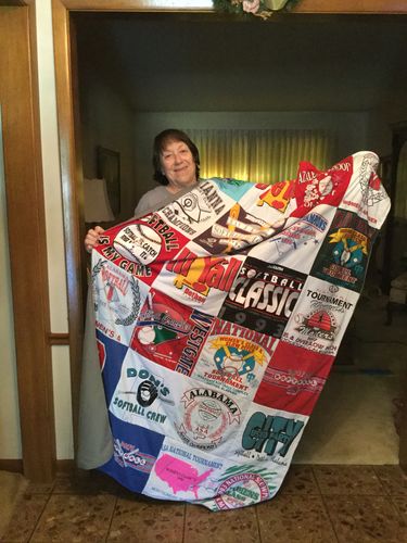 T-shirt quilt with sports, softball themes by Olivia from KS
