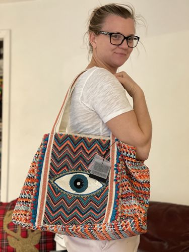 Customer photo review of Evil Eye Good Luck Hand Beaded Orange and Blue Tote Bag