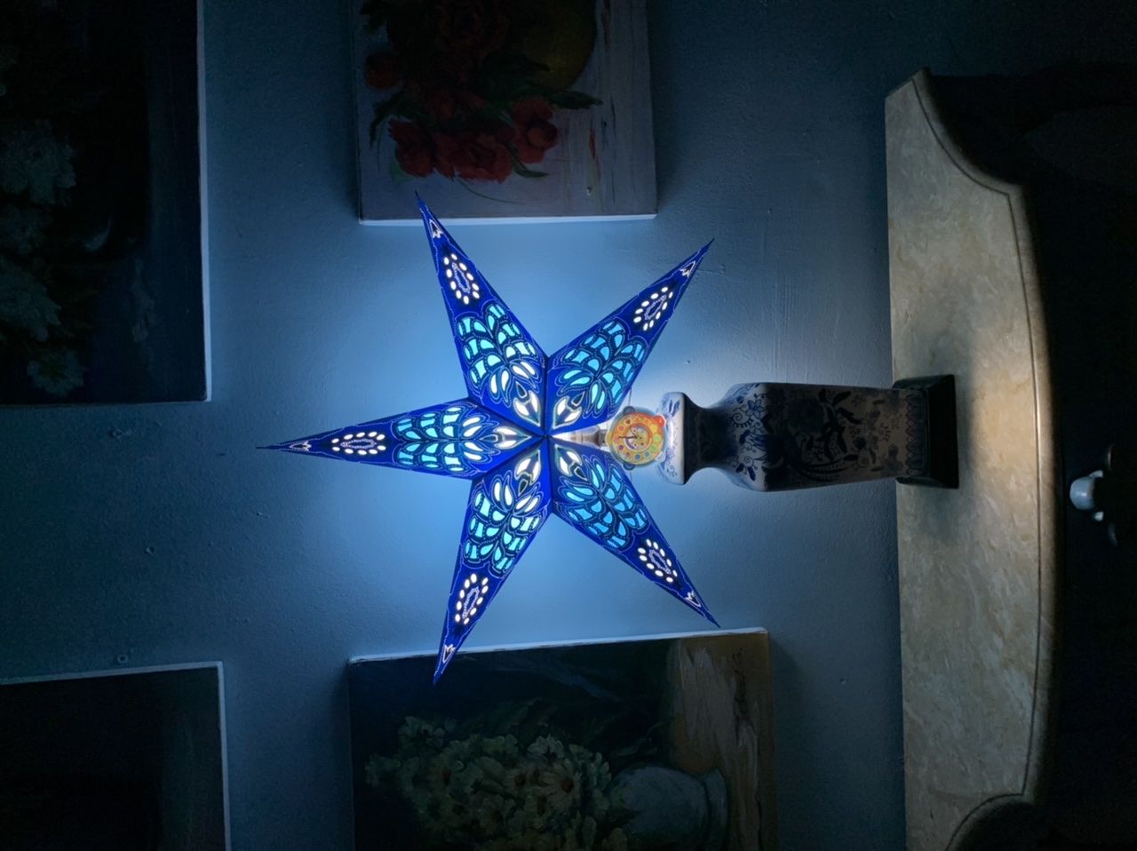 Customer photo review of 24" Blue Monarch Glitter Paper Star Lantern, Hanging Wedding & Party Decoration