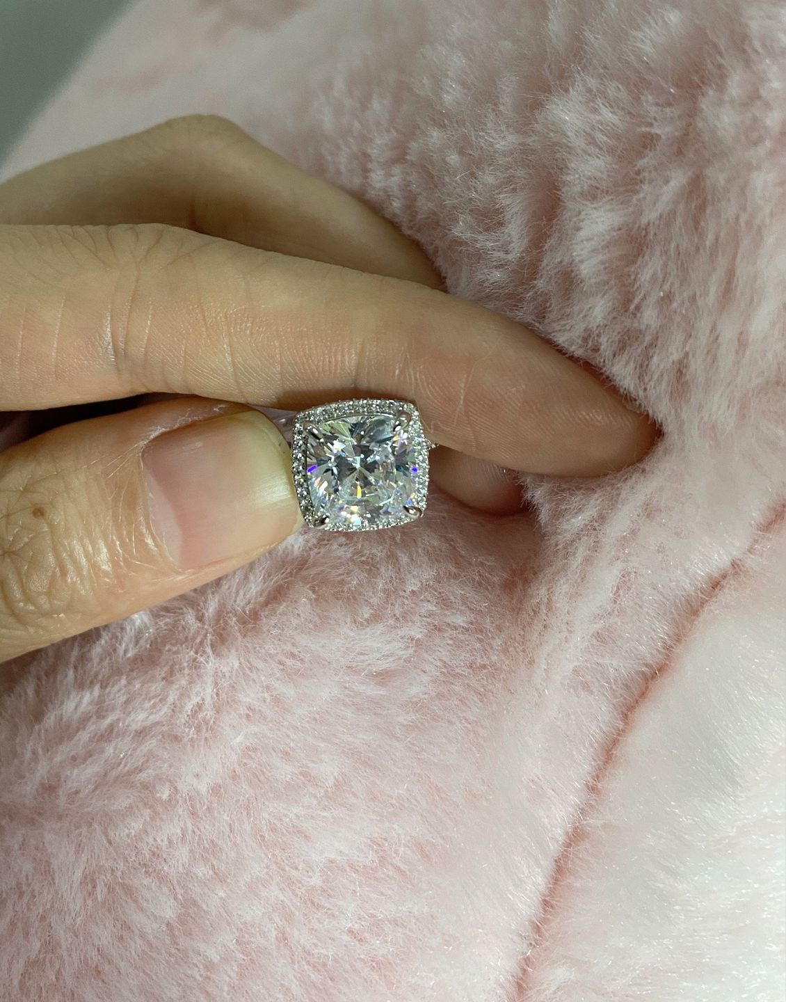 Customer photo review of Louily Halo Cushion Cut Engagement Ring In Sterling Silver
