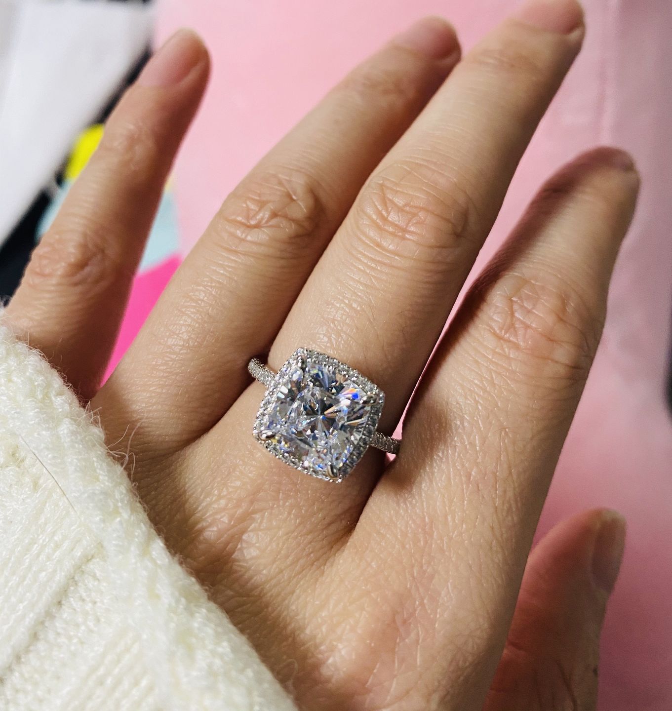 Customer photo review of Louily Halo Cushion Cut Engagement Ring In Sterling Silver