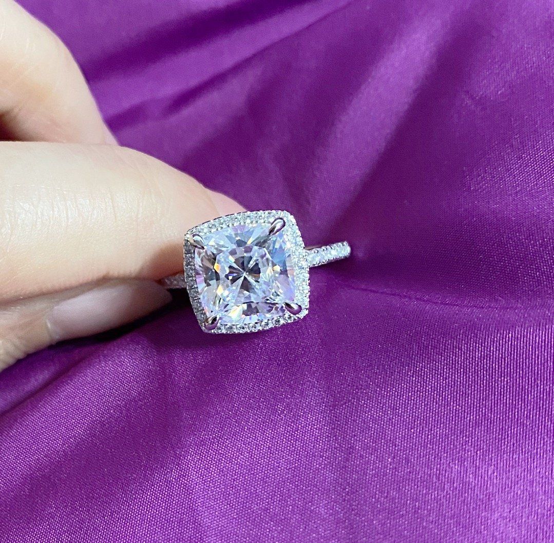 Customer photo review of Louily Halo Cushion Cut Engagement Ring In Sterling Silver