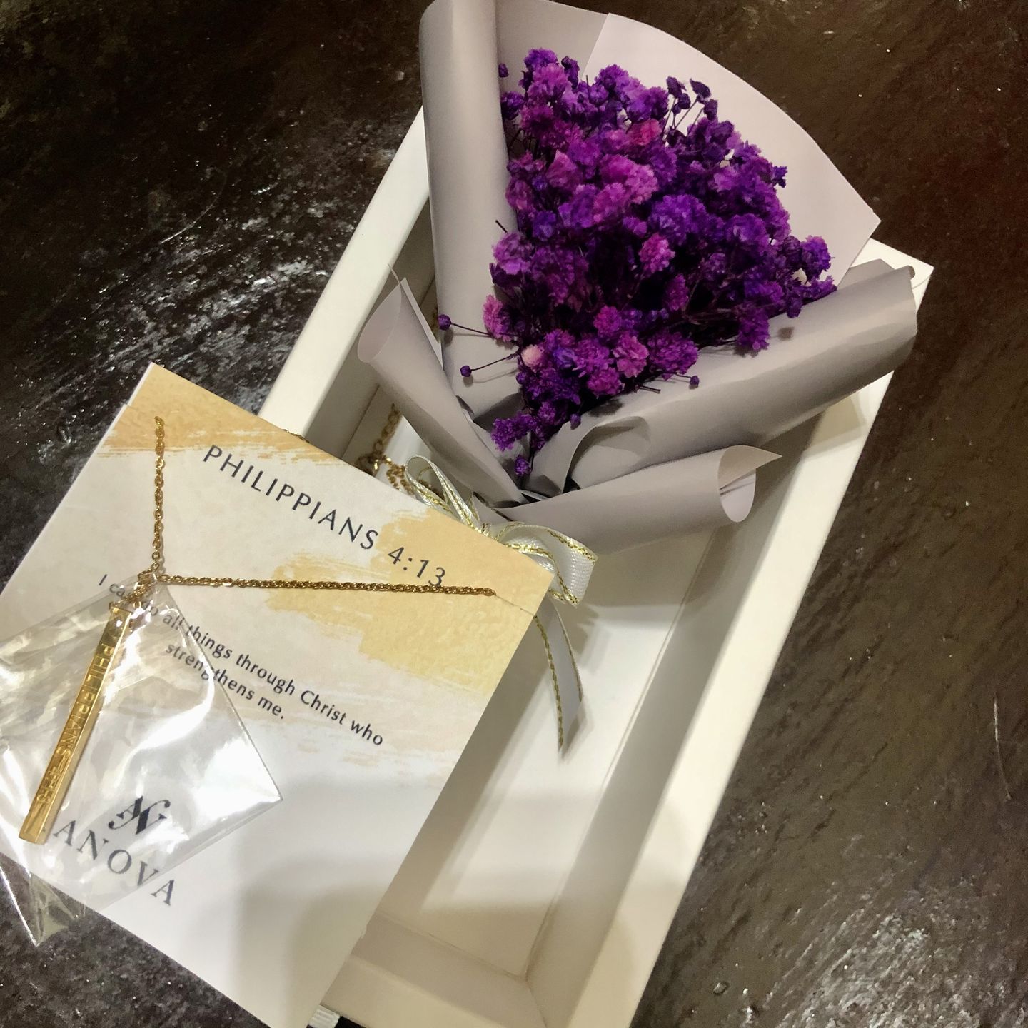 Customer photo review of Violet Bloom Anova Mini Flower Bouquet + Necklace