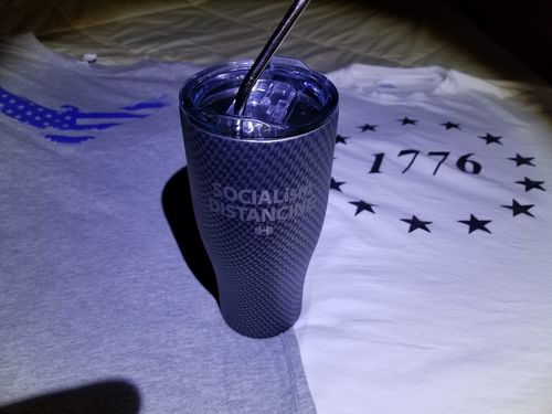 Customer photo review of LIMITED EDITION - 27oz Carbon Fiber Socialism Distancing Laser Etched Tumbler