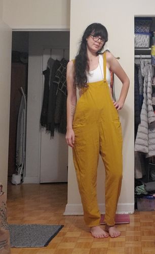 Customer photo review of Corduroy Knot Tie Dungarees in Mustard