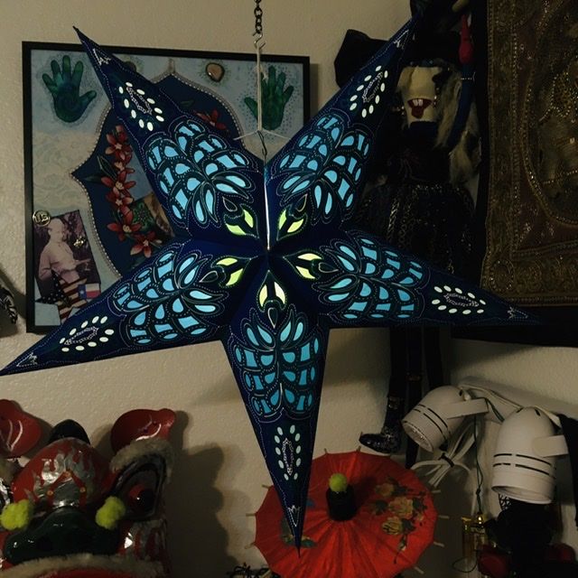 Customer photo review of 24" Blue Monarch Glitter Paper Star Lantern, Hanging Wedding & Party Decoration