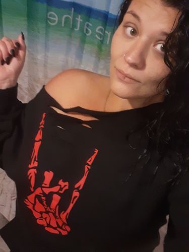 Customer photo review of 152 - Red Regret Wide Neck Hoodie