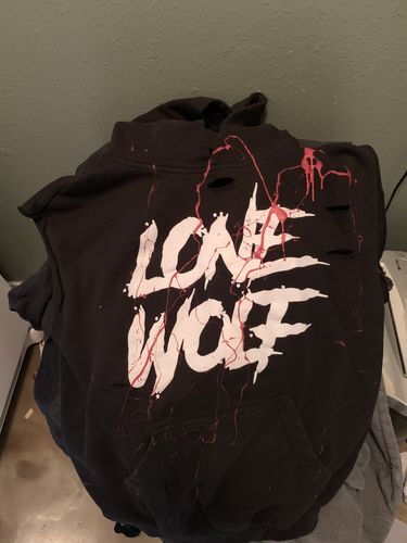 Customer photo review of 102- Blood Lone Wolf Muscle Hoodie