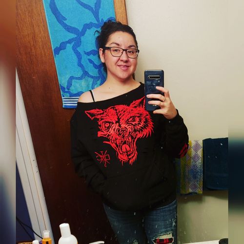 Customer photo review of 148 - Lone Wolf Wide Neck Hoodie