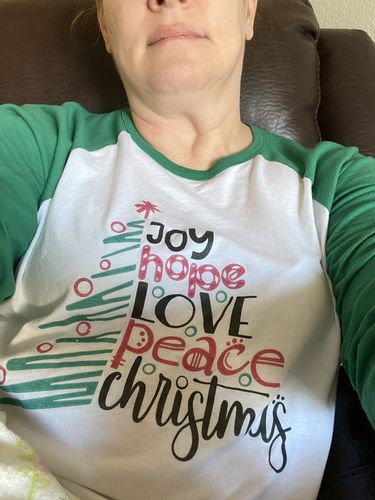 Customer photo review of Joy Hope Love Christmas Baseball Tee