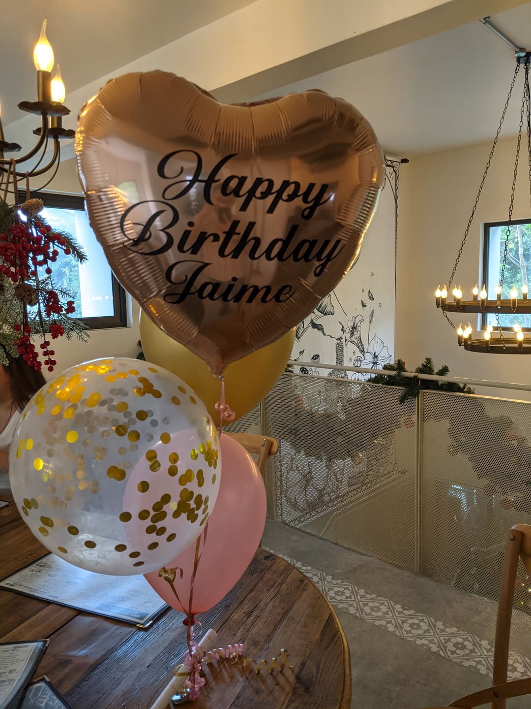 Customer photo review of 18-inch Heart Shaped Foil With Personalized Message + 3 Helium-Filled Latex Balloons