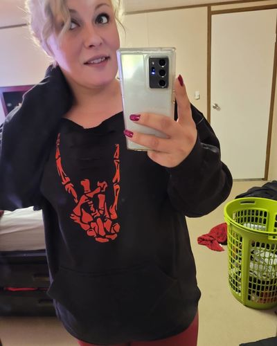 Customer photo review of 152 - Red Regret Wide Neck Hoodie