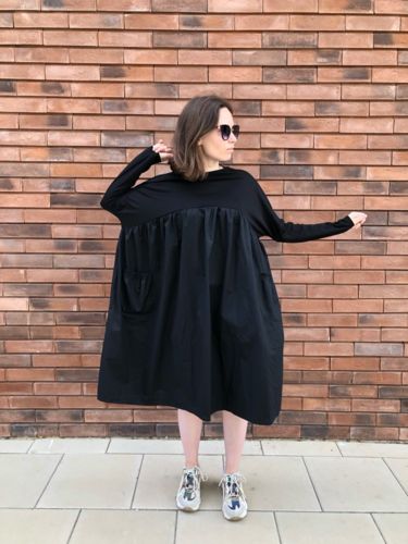 Customer photo review of stylish black cotton shift dress plus size cotton clothing dress Elegant high waist patchwork cotton dress