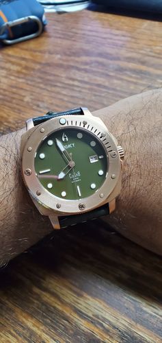 Customer photo review of Aquacy Bronze CuSn8 Series Automatic Men's 200m Watch 44mm Olive Drab Green Dial Brown Strap