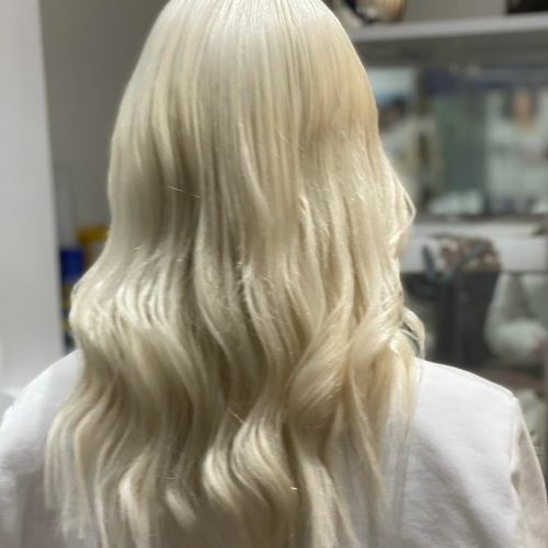 Customer photo review of Full Shine Tape in Hair Extensions 100% Virgin Human Hair Highlights (#18P613)