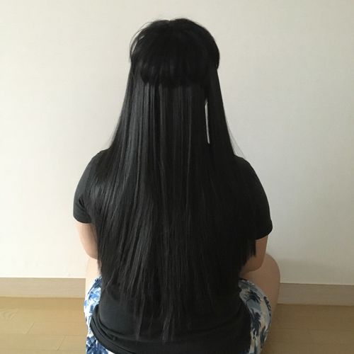 Customer photo review of Full Shine Clip in Extensions 100% Remy Human Hair 7 Pieces Darkest Brown (#2)