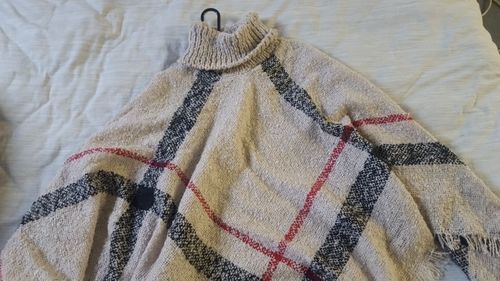Customer photo review of winter original design plaid high neck knit tops oversize black tassel cloak