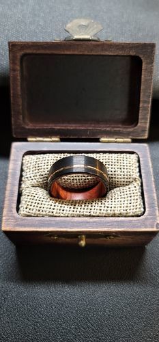 Customer photo review of Rosewood Burl and Black Tungsten with Rose Gold