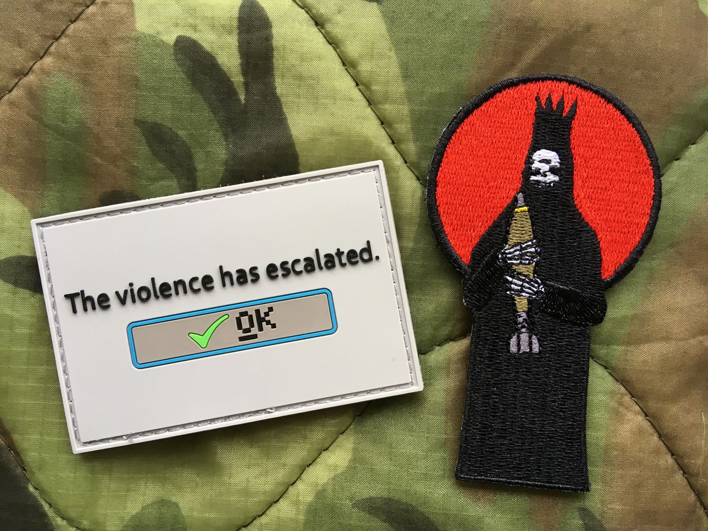 Customer photo review of The Violence Has Escalated Morale Patch