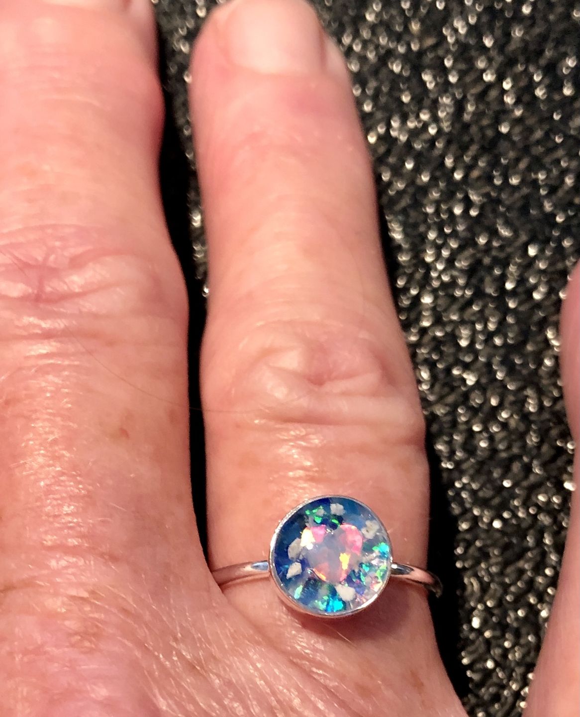 Customer photo review of Opal Heart Ring with Cremation Ashes