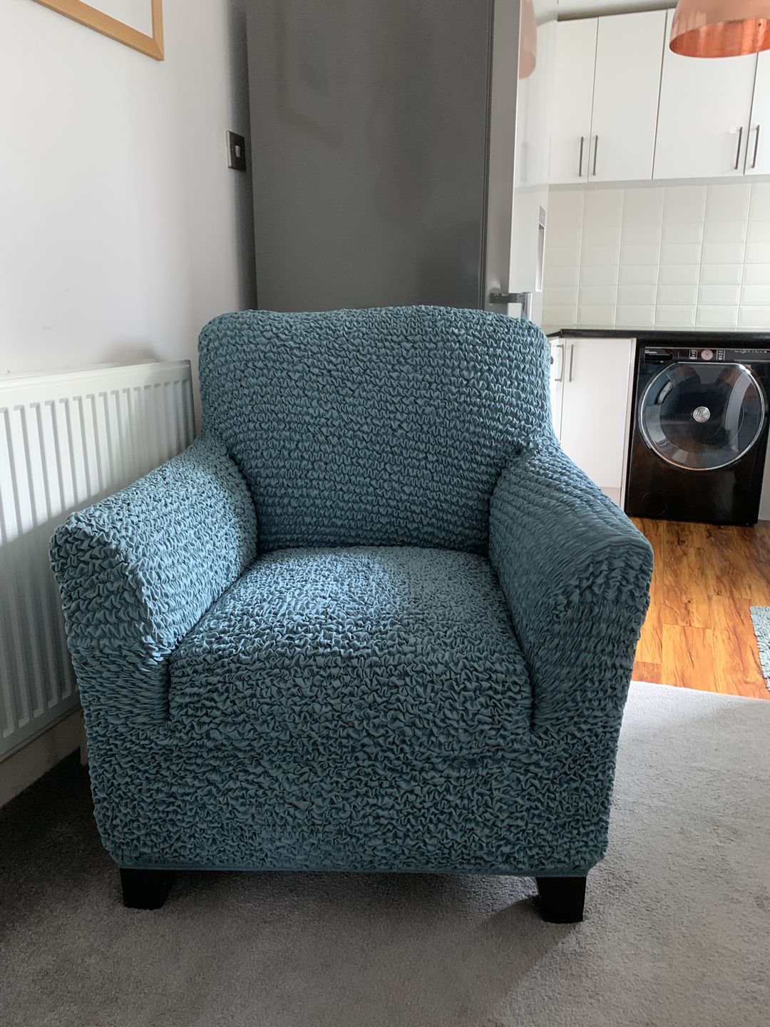 Customer photo review of Arm Chair - Tiffany Blue Microfibra
