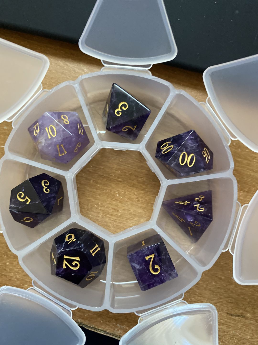 Customer photo review of URWizards Dnd Amethyst Gemstone Engraved Dice Set