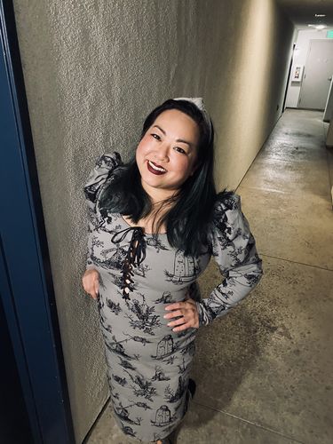 Customer photo review of Sleepy Hollow Gothic Tales Toile Wiggle Dress in Grey