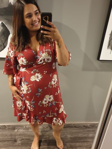 Customer photo review of Harlow Short Maternity Wrap Dress in Fiesta