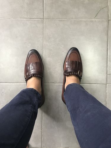Customer photo review of Fringe Kiltie Loafer - Cognac Tan Woven Leather with Side Buckle (Hand Painted Patina)