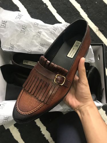 Customer photo review of Fringe Kiltie Loafer - Cognac Tan Woven Leather with Side Buckle (Hand Painted Patina)