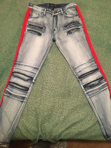 Customer photo review of Shredded Zip Denim Track Pants Cloud Wash - Red (ZCM4428D)