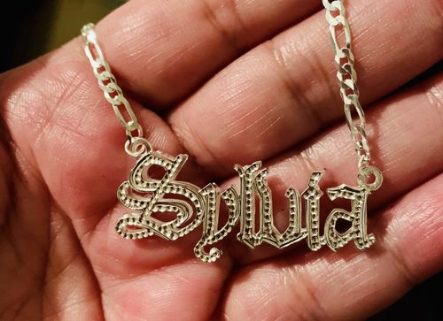 Customer photo review of Double Plated Gothic Angelina Style Name Necklace