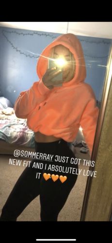 Customer photo review of Super Soft Faux-Fur Drawstring Cropped Hoodie - Soft Neon Coral