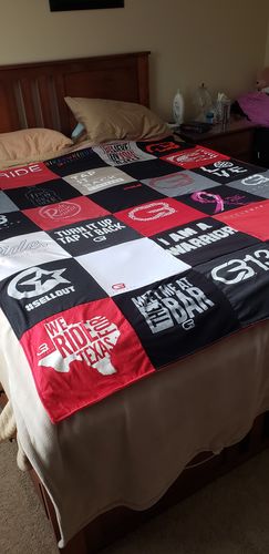 T-shirt quilt with motorcycling, sports themes by Amber from MI
