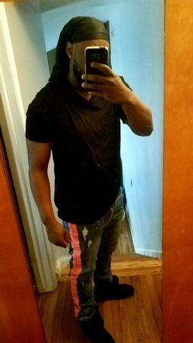 Customer photo review of Side Stripe Distressed Skinny Fit Track Denim Blue Wash - Orange Peachish 🍑 (M4708R1D)