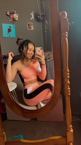 Customer photo review of Soft Color Block Side Stripe Leggings - Soft Neon Coral