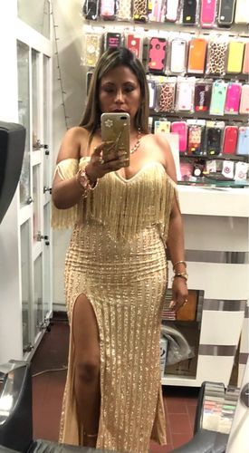 Customer photo review of Sexy Elegant V Neck Off Shoulder Tassel Glitter Prom Dress