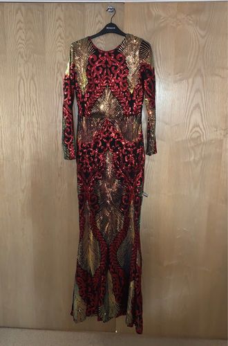 Customer photo review of Polka-dot Print Plunge Neck Satin Maxi Dress