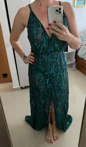 Customer photo review of Polka-dot Print Plunge Neck Satin Maxi Dress