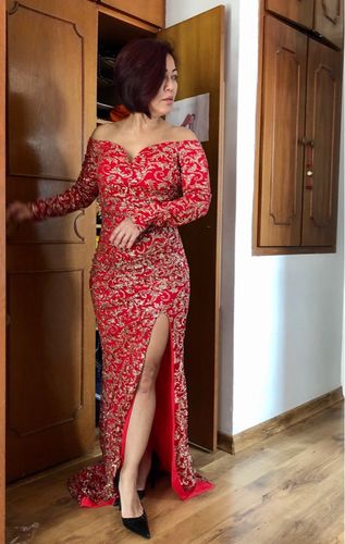 Customer photo review of Tiffany Off Shoulder Backless Glitter Gown