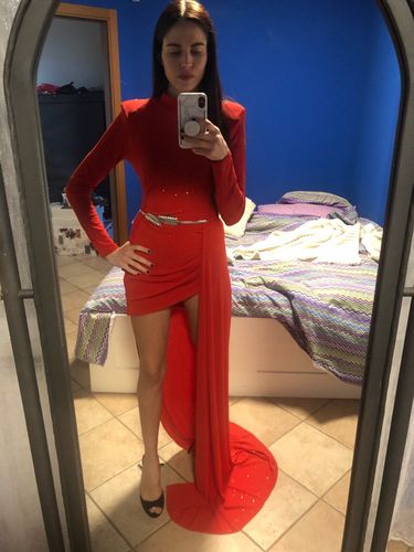 Customer photo review of Red Turtleneck Long Sleeve Bodycon Long Tail Dress
