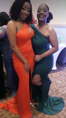 Customer photo review of One Shoulder Split Thigh Long Evening Gown