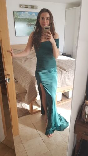 Customer photo review of One Shoulder Split Thigh Long Evening Gown